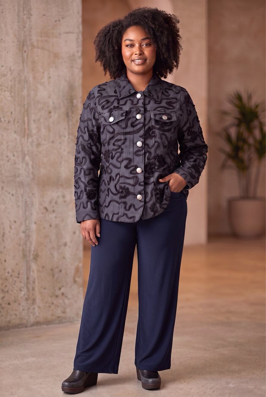 Analogy Black Trim Classic Denim Jacket Top Stitching Detail Silver Tone Buttons